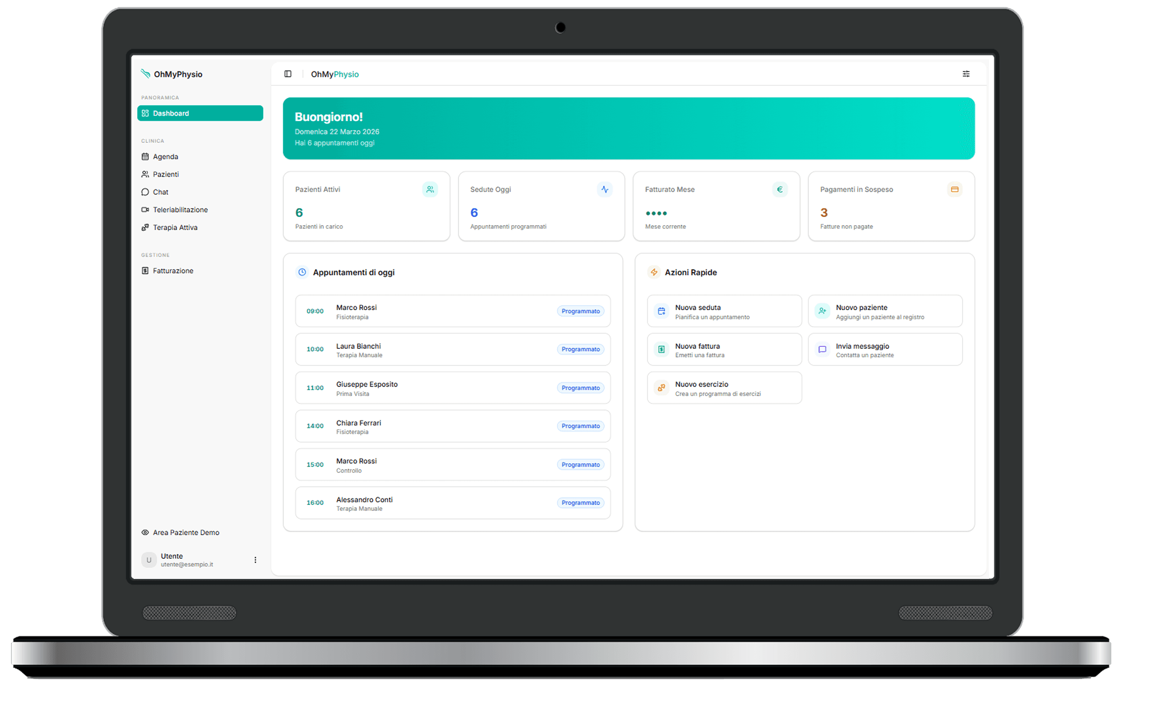 OhMyPhysio – anteprima dashboard del fisioterapista